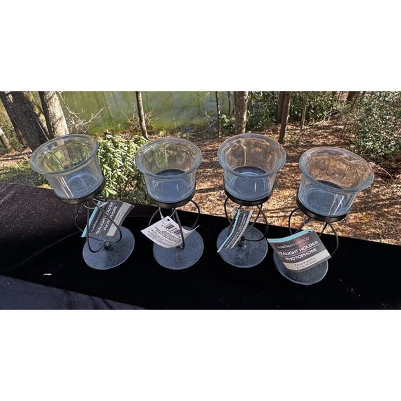 4 Greenbrier Int. Black Metal & Heavy Clear Glass Candle Holders Brand New -A29 - Picture 12 of 12